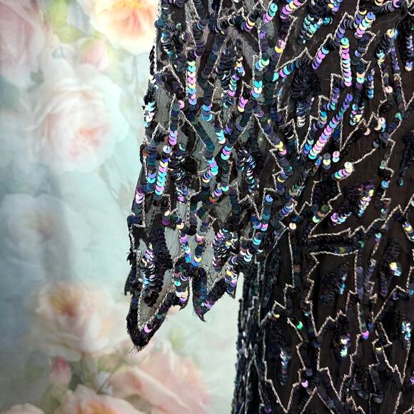 Vintage Saint Honore 100% Silk Beaded & Sequin Jagged Edge Midi Shift Dress - Picture 6 of 10